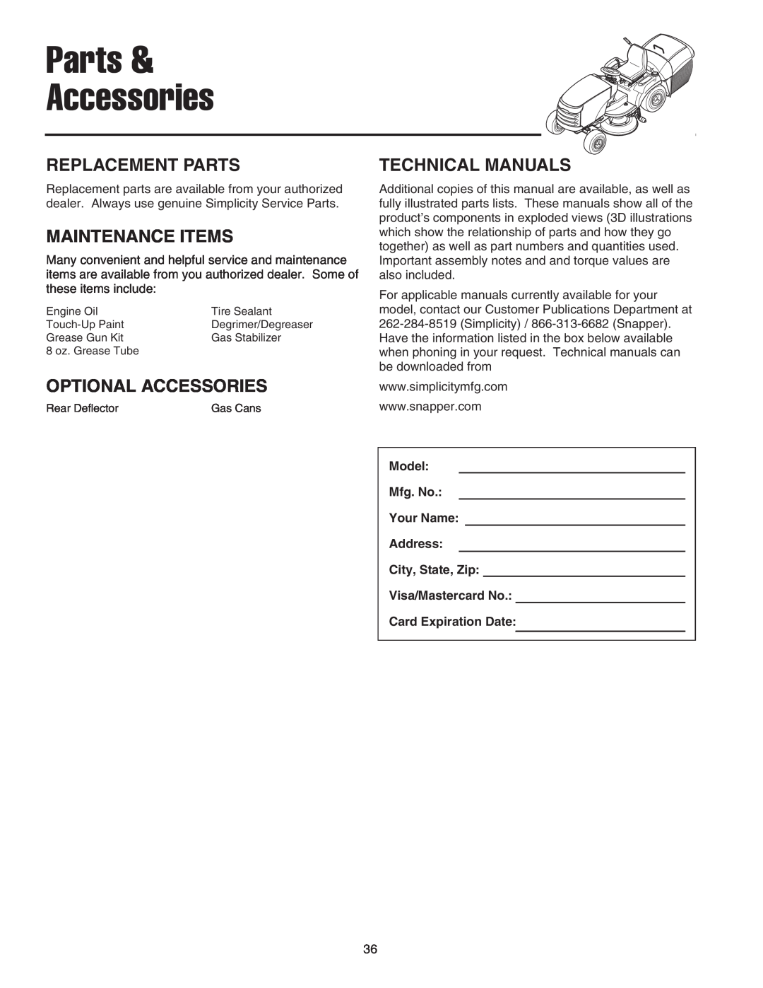 Snapper 2400 XL manual Parts & Accessories, Replacement Parts, Maintenance Items, Technical Manuals, Optional Accessories 