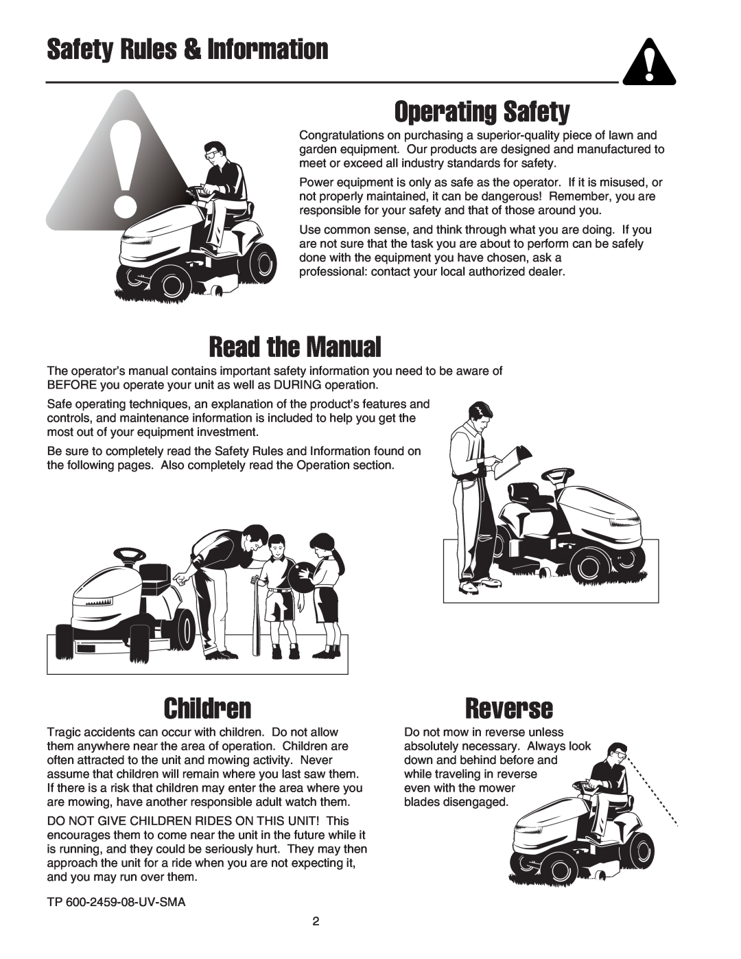 Snapper 2400 XL manual Safety Rules & Information Operating Safety, Read the Manual, Children, Reverse 