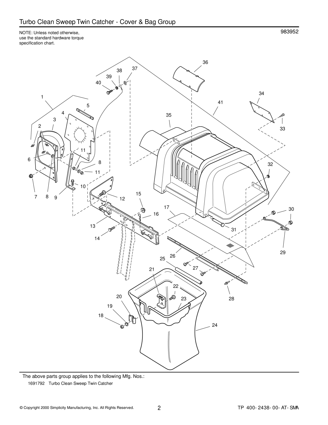 Snapper 2438 manual Turbo Clean Sweep Twin Catcher Cover & Bag Group, Above parts group applies to the following Mfg. Nos 