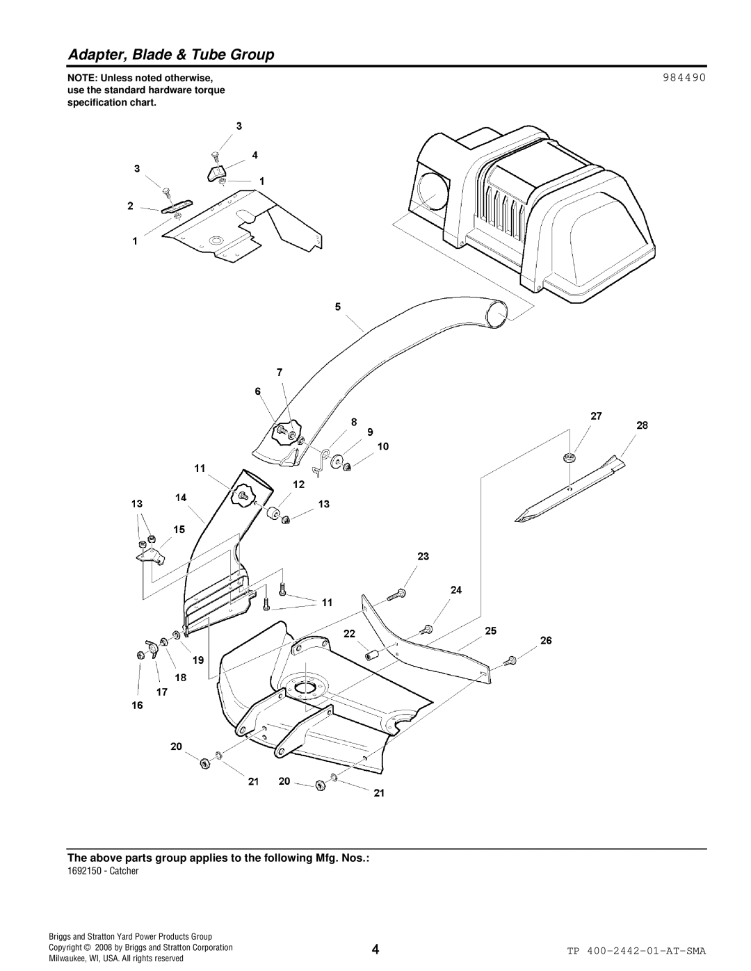 Snapper 2442 manual Adapter, Blade & Tube Group, 984490 