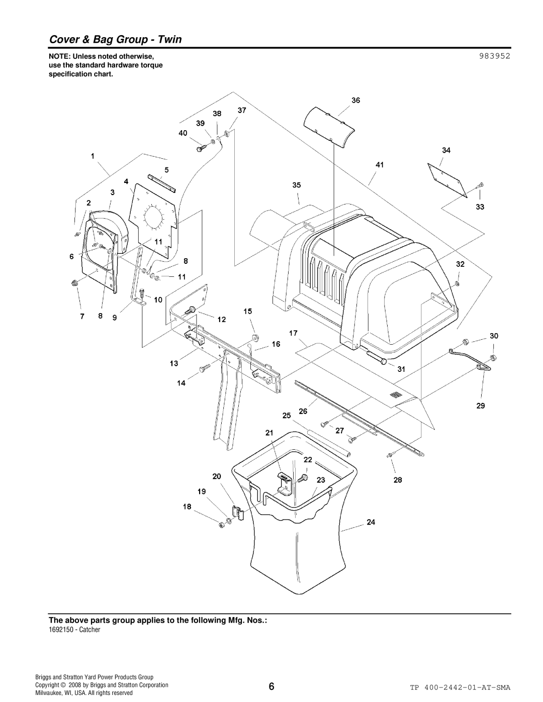 Snapper 2442 manual Cover & Bag Group Twin, 983952 