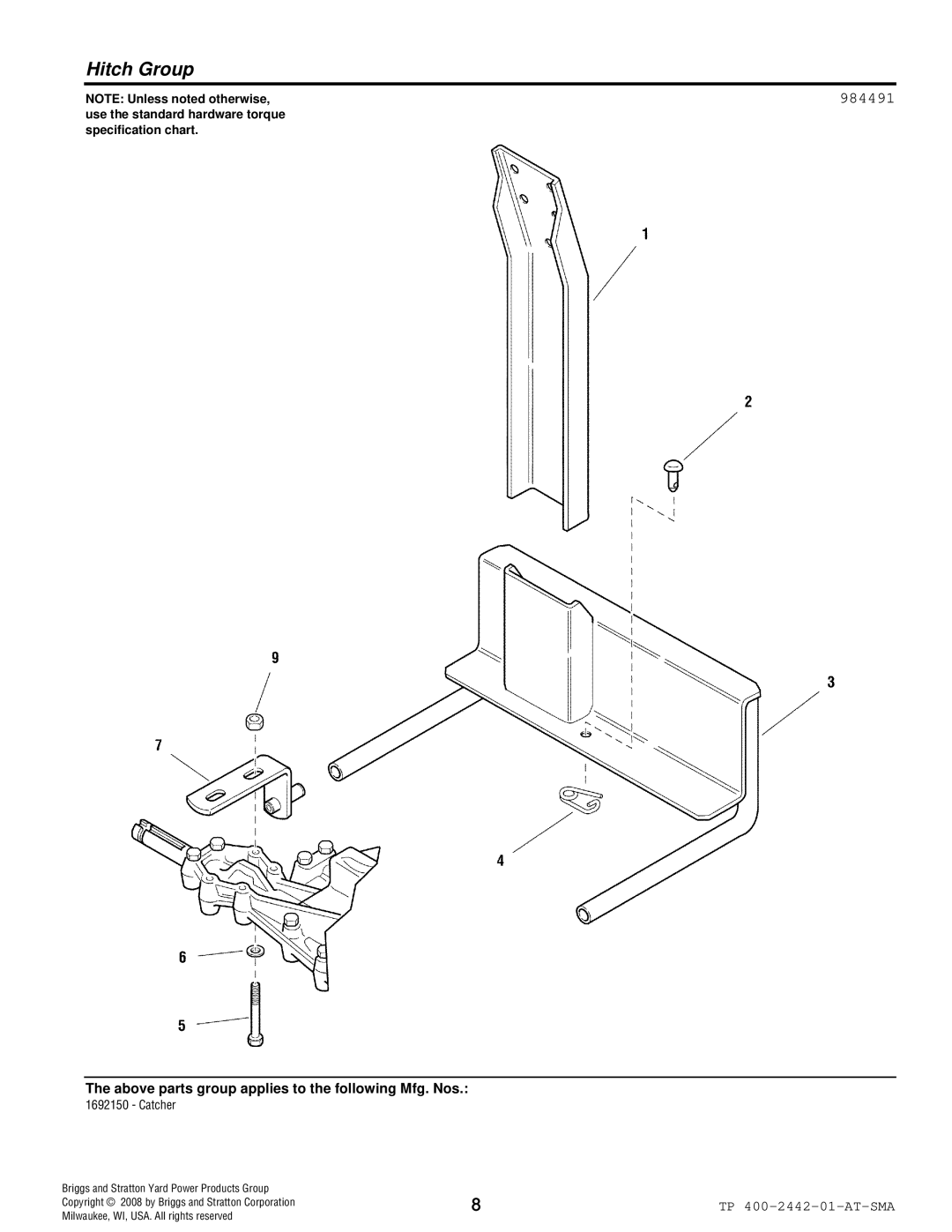 Snapper 2442 manual Hitch Group, 984491 