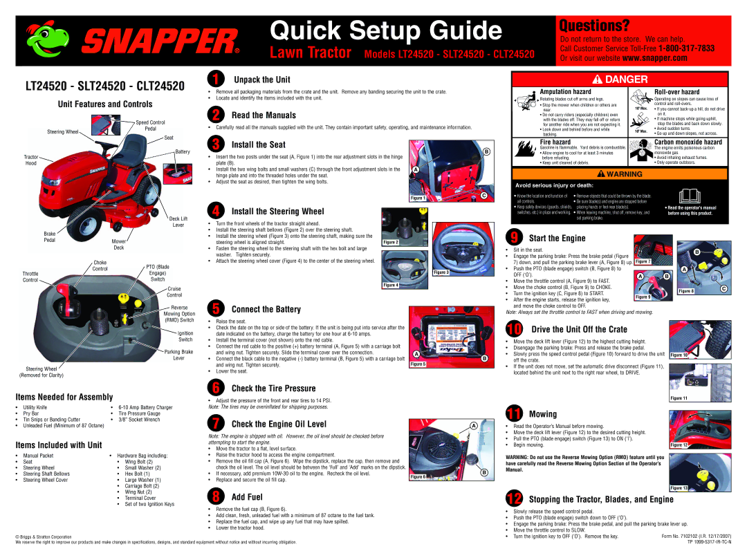 Snapper 24520 setup guide Unit Features and Controls, Read the Manuals, Install the Steering Wheel, Start the Engine 