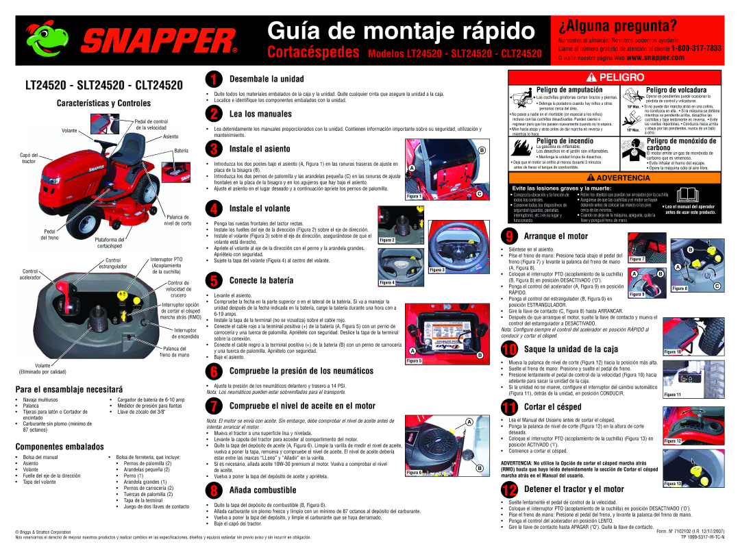 Snapper 24520 Características y Controles Desembale la unidad, Lea los manuales, Conecte la batería, Componentes embalados 