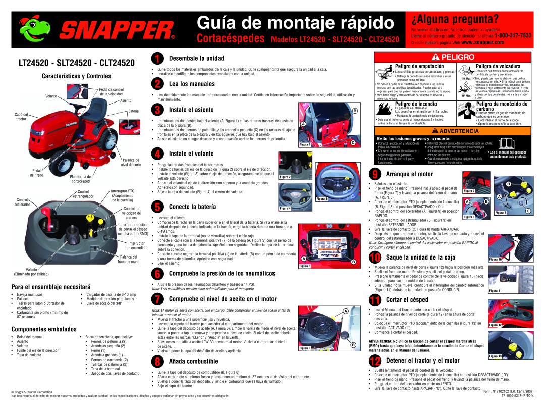 Snapper setup guide ¿Alguna pregunta?, Guía de montaje rápido, LT24520 - SLT24520 - CLT24520, Peligro, Arranque el motor 