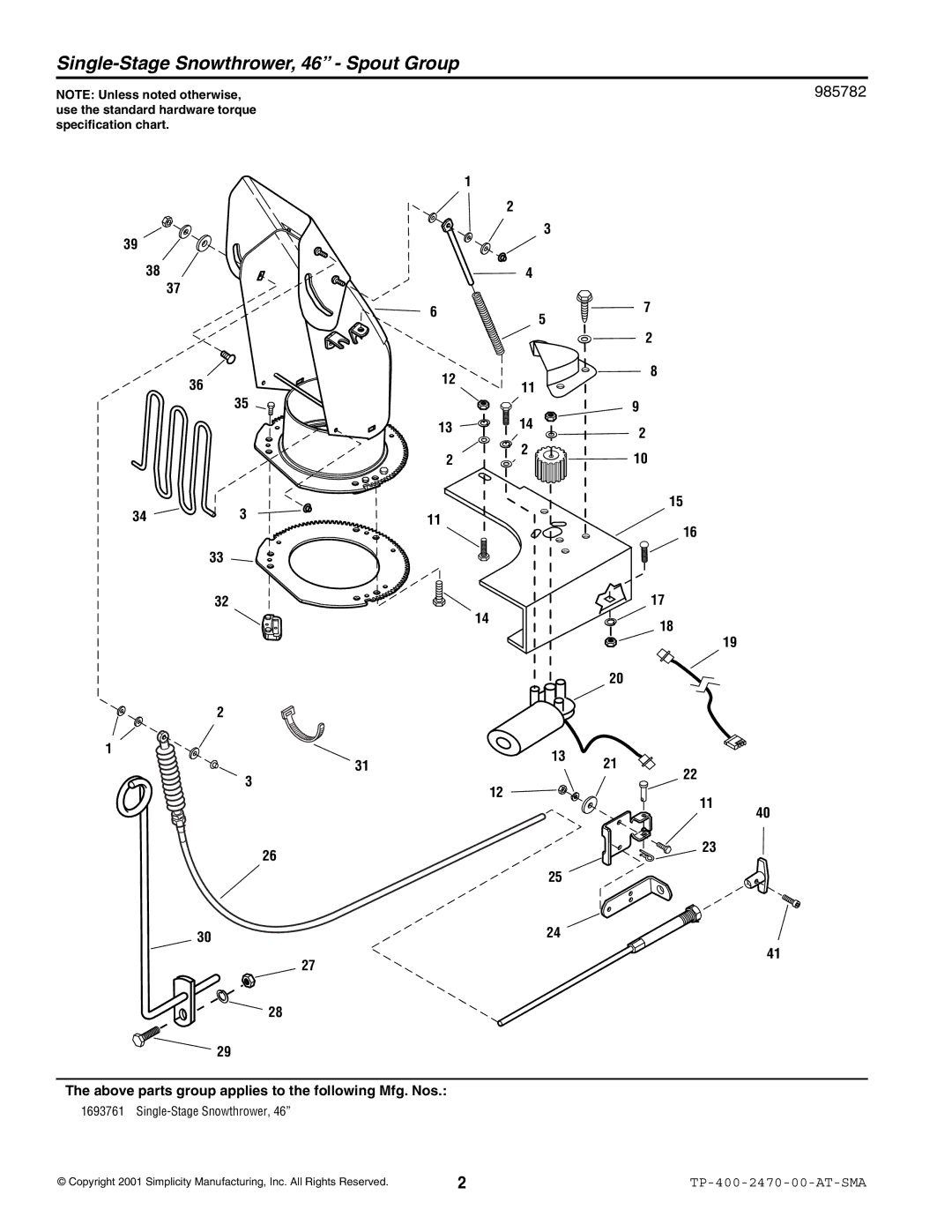 Snapper 2470 manual Single-Stage Snowthrower, 46 Spout Group, 985782 