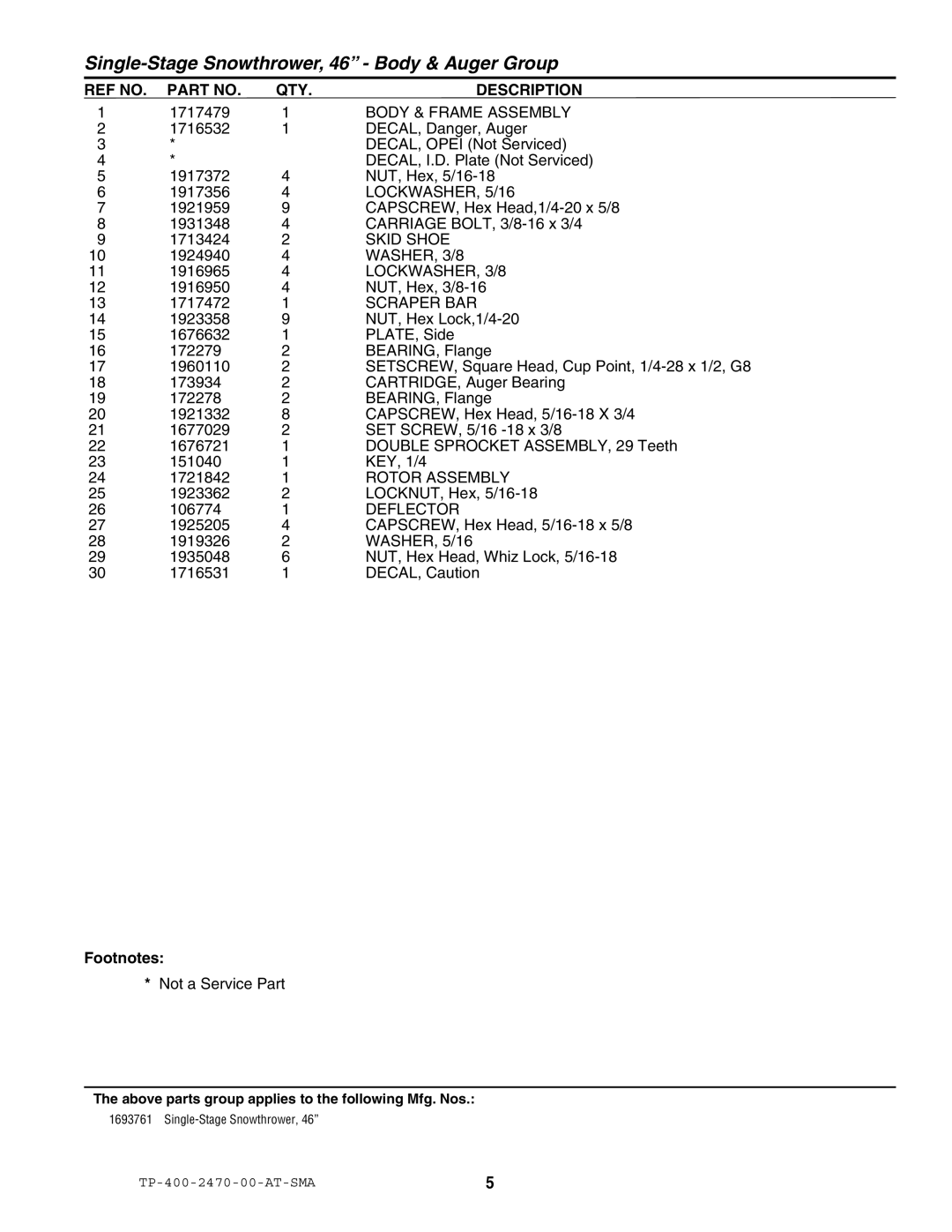 Snapper 2470 manual Body & Frame Assembly, Skid Shoe, LOCKWASHER, 3/8, Scraper BAR, Rotor Assembly, Deflector 