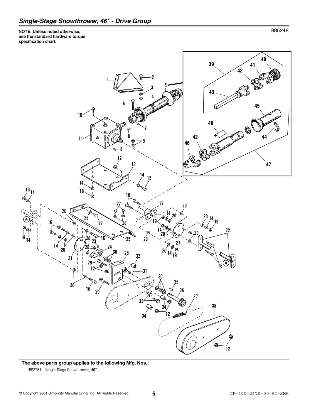 Snapper 2470 manual Single-Stage Snowthrower, 46 Drive Group, 985248 