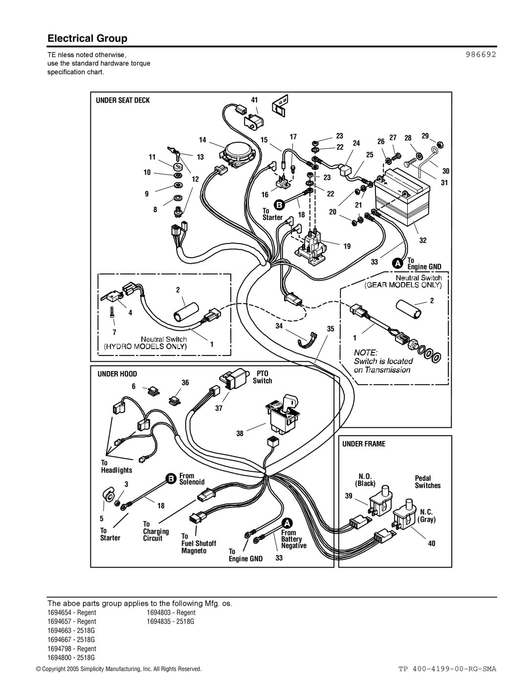 Snapper 2500 Series manual Electrical Group, 986692 