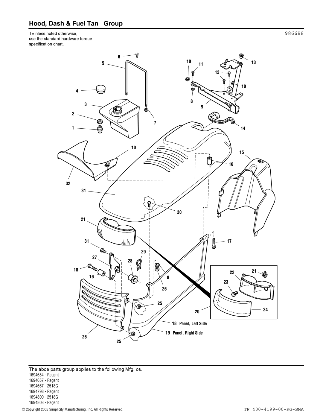 Snapper 2500 Series manual Hood, Dash & Fuel Tank Group, 986688 