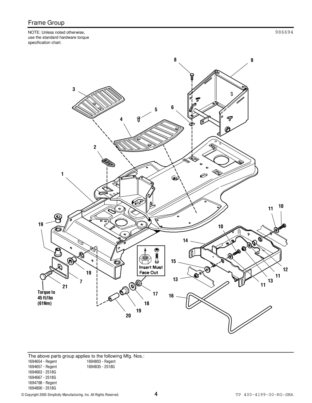 Snapper 2500 Series manual Frame Group, 986694 