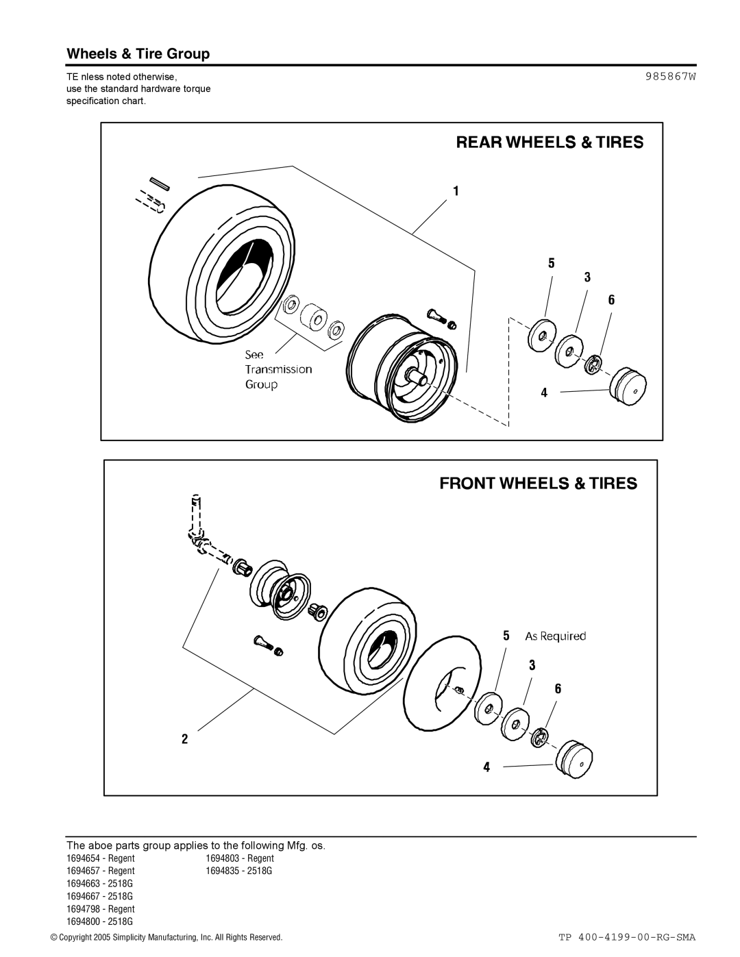 Snapper 2500 Series manual Wheels & Tire Group, 985867W 