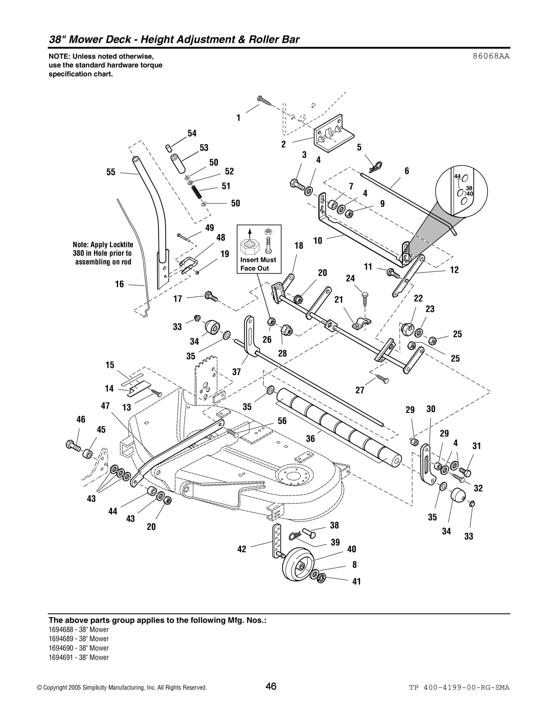 Snapper 2500 Series manual Mower Deck Height Adjustment & Roller Bar, 86068AA 