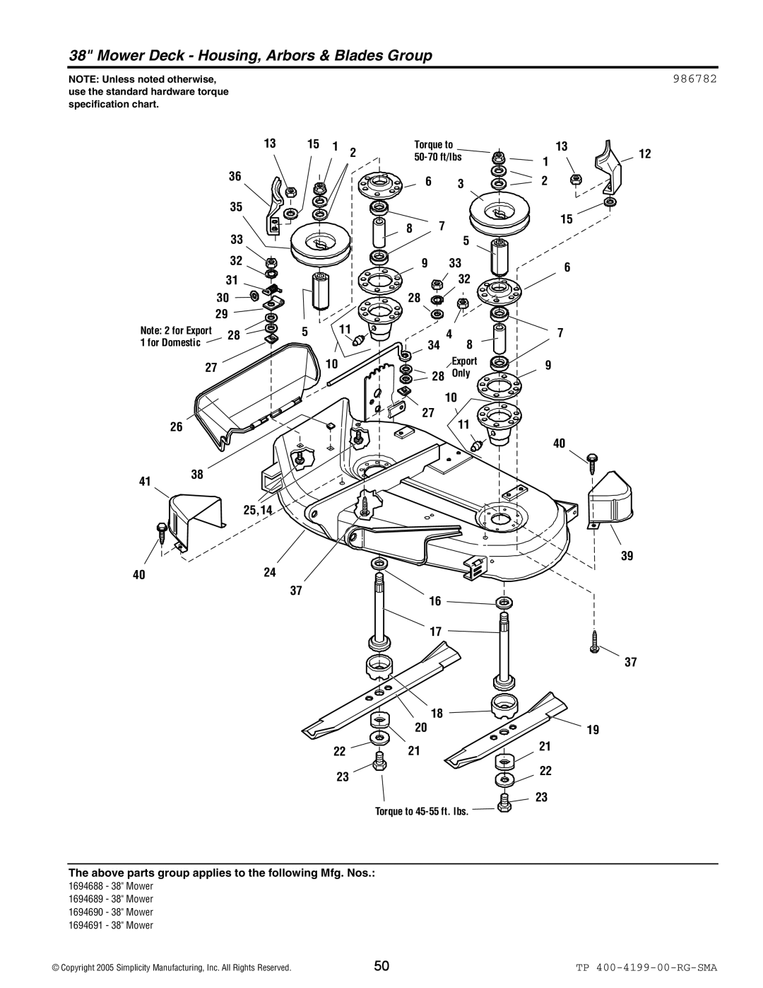 Snapper 2500 Series manual Mower Deck Housing, Arbors & Blades Group, 986782 