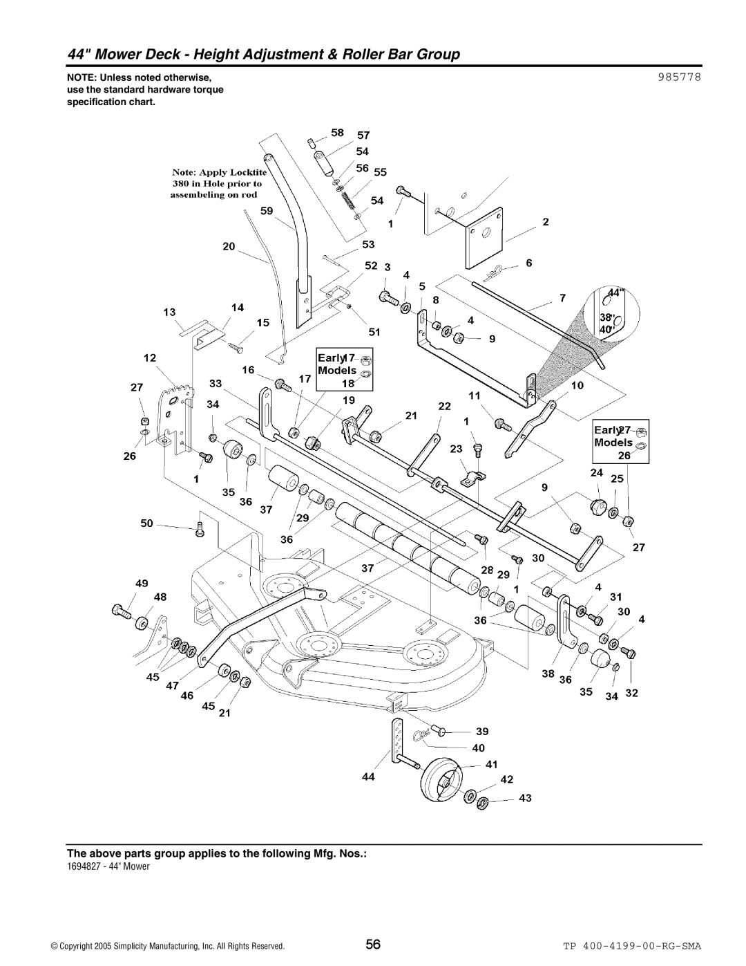 Snapper 2500 Series manual Mower Deck Height Adjustment & Roller Bar Group 