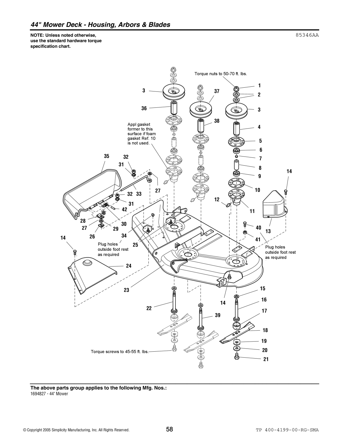 Snapper 2500 Series manual Mower Deck Housing, Arbors & Blades, 85346AA 