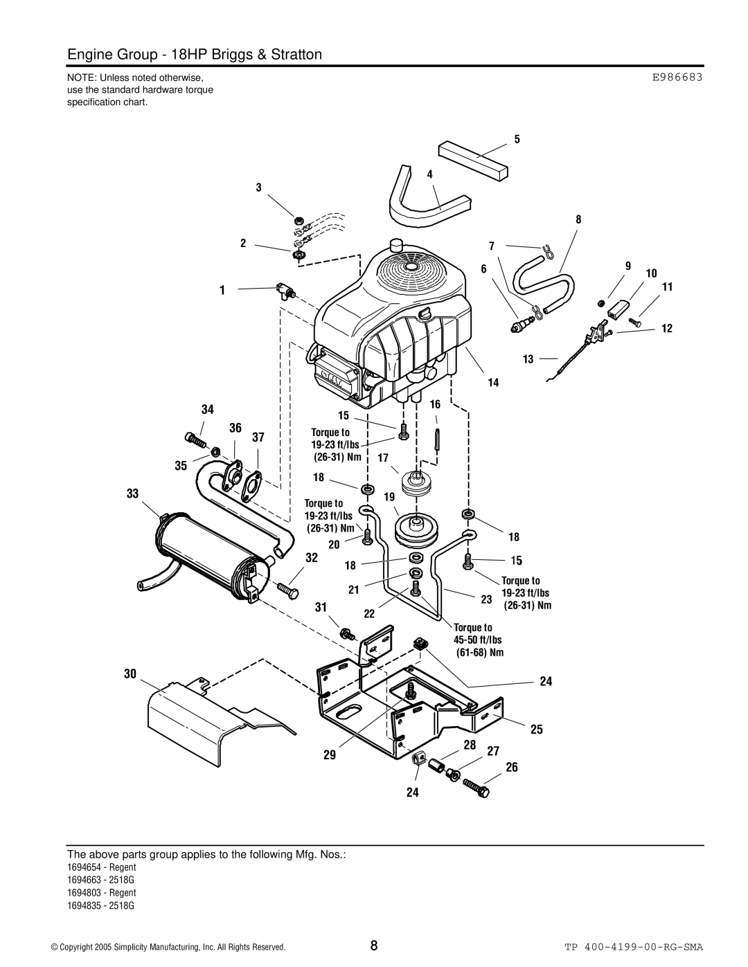 Snapper 2500 Series manual Engine Group 18HP Briggs & Stratton, E986683 