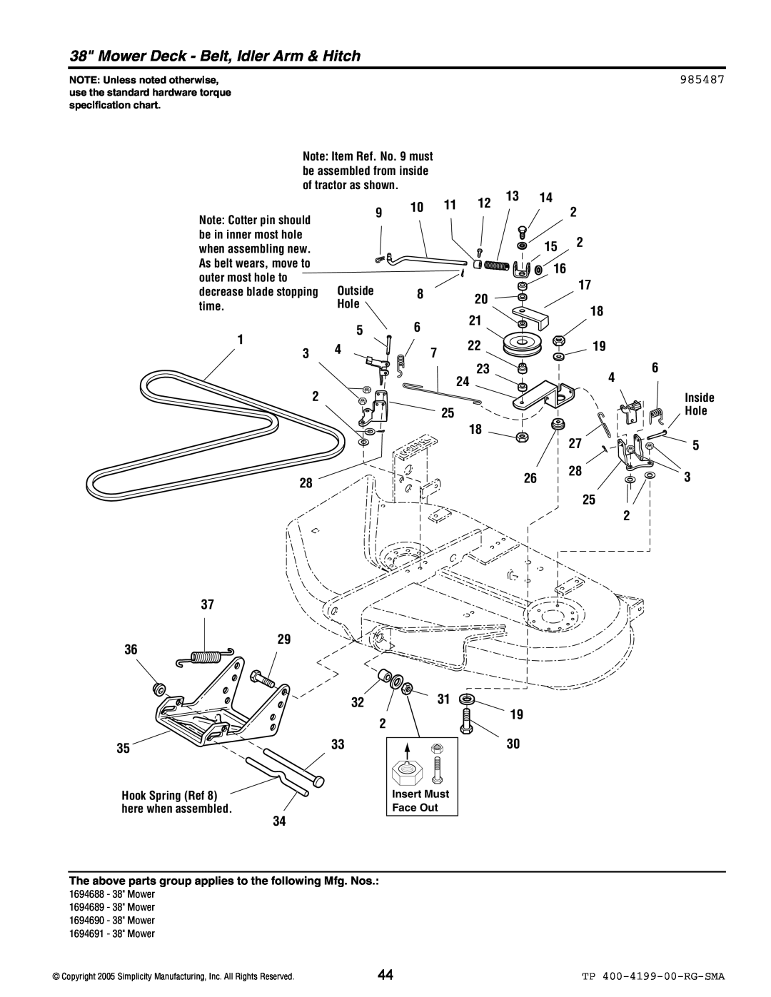 Snapper 2500 Series manual Mower Deck - Belt, Idler Arm & Hitch 
