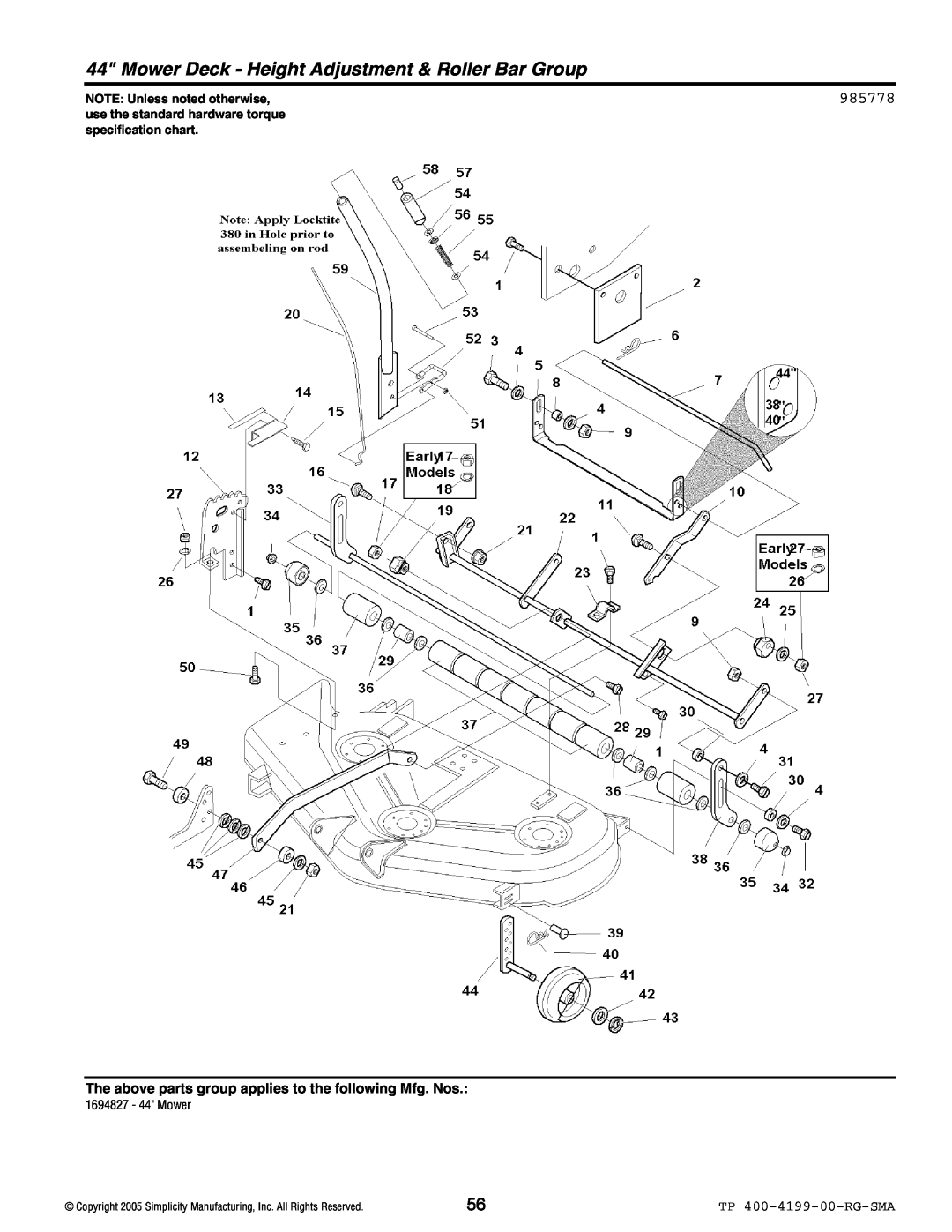 Snapper 2500 Series manual 985778, TP 400-4199-00-RG-SMA, NOTE Unless noted otherwise, 1694827 - 44 Mower 