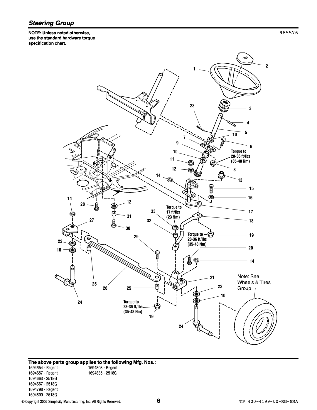 Snapper 2500 Series manual Steering Group, 985576, TP 400-4199-00-RG-SMA 