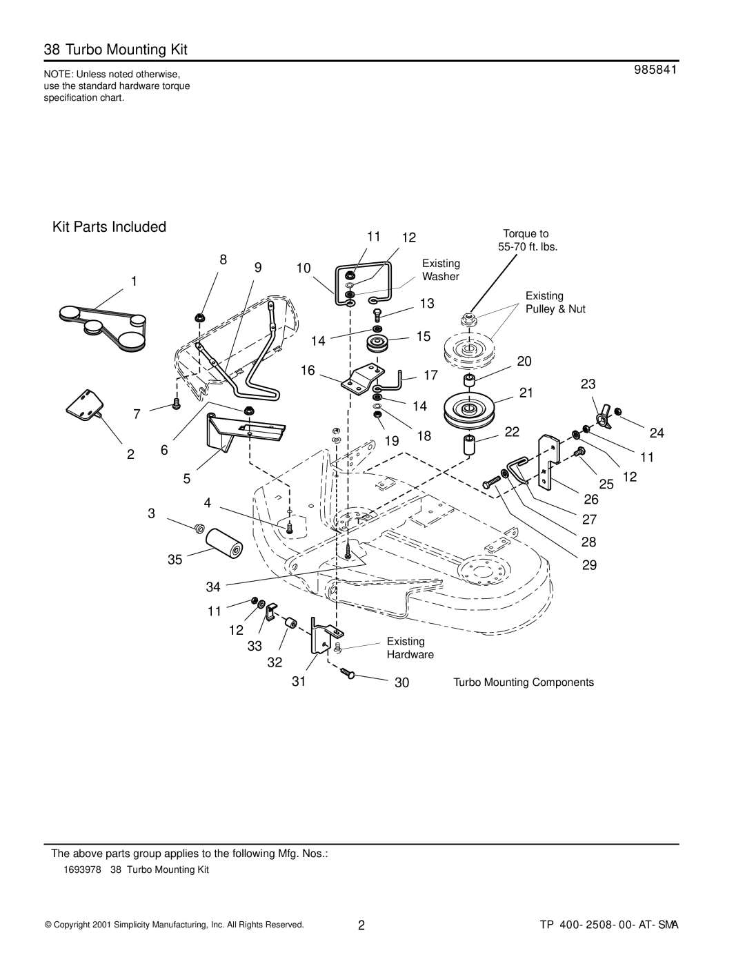 Snapper 2508 manual Torque to, 55-70 ft. lbs, Existing Washer, Turbo Mounting Components 