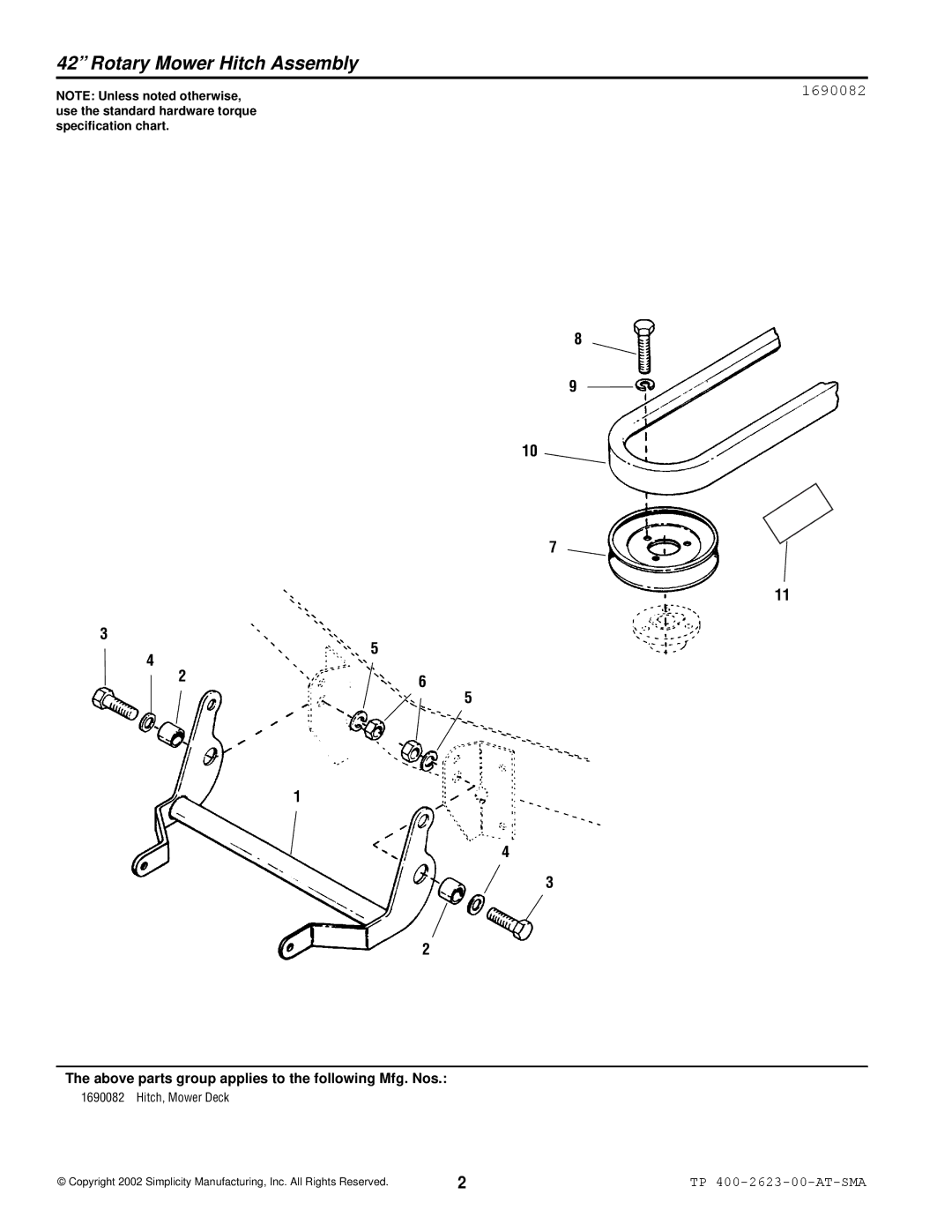 Snapper 2623 manual Rotary Mower Hitch Assembly, Above parts group applies to the following Mfg. Nos 