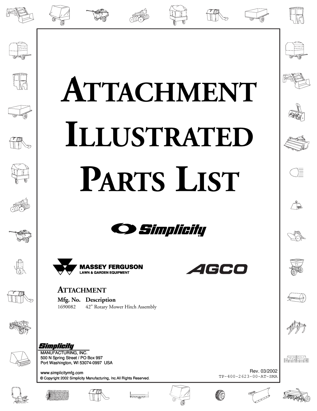 Snapper 2623 manual Attachment Illustrated Parts List, Mfg. No. Description, 1690082 42” Rotary Mower Hitch Assembly 