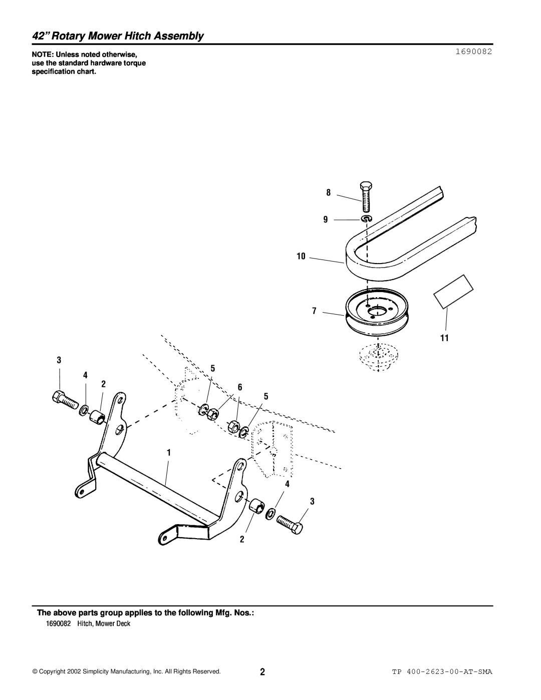 Snapper manual 42” Rotary Mower Hitch Assembly, 1690082, TP 400-2623-00-AT-SMA 