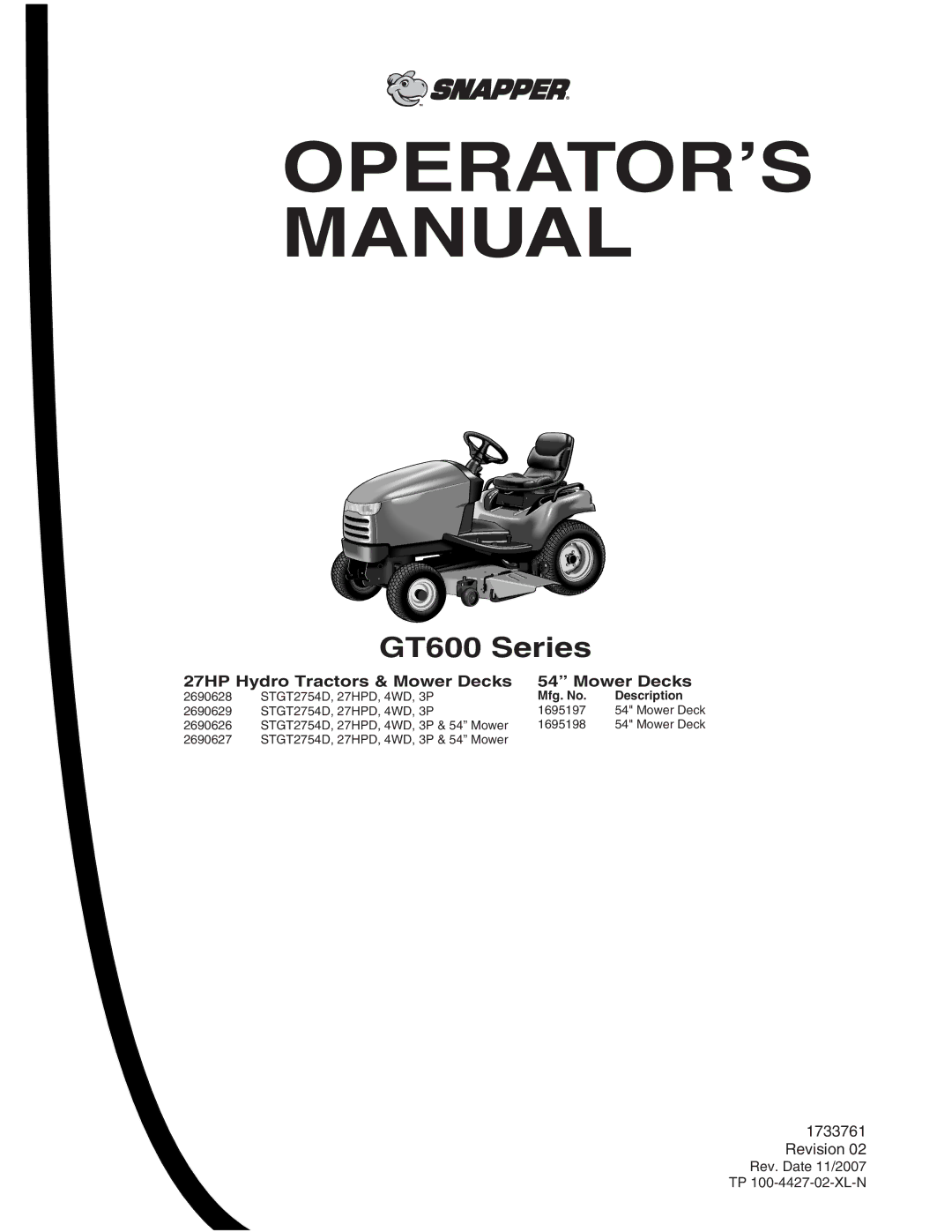 Snapper GT 600 Series, 2690627, STGT2754D manual OPERATOR’S Manual, 27HP Hydro Tractors & Mower Decks 