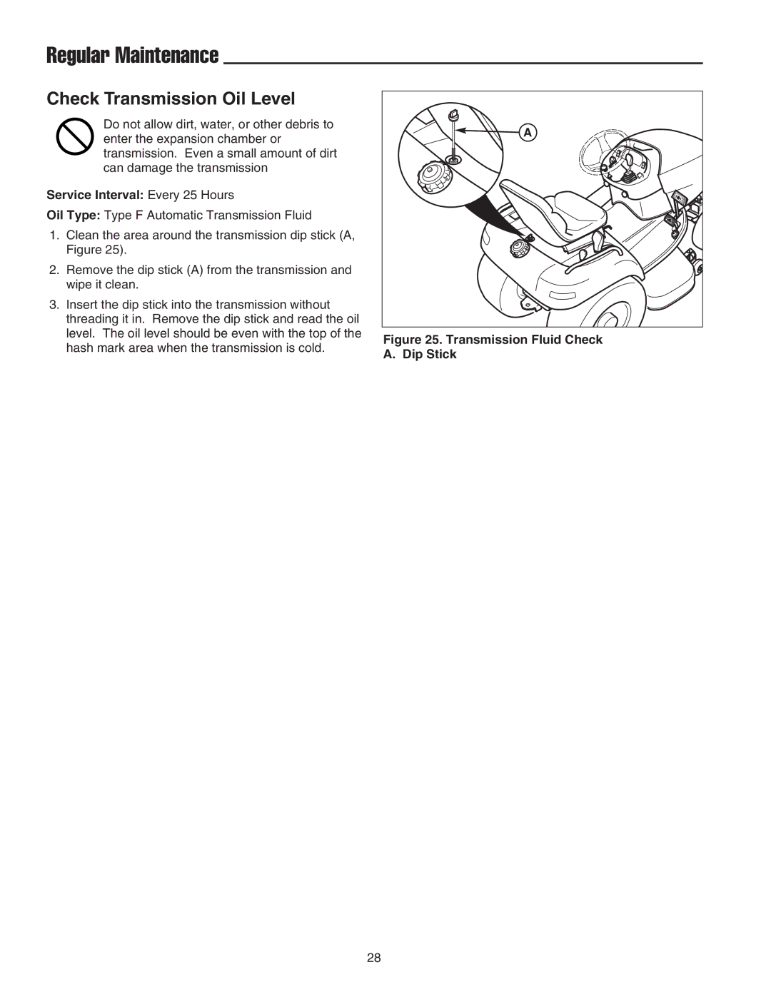 Snapper 2690627, GT 600 Series, STGT2754D manual Check Transmission Oil Level, Service Interval Every 25 Hours 