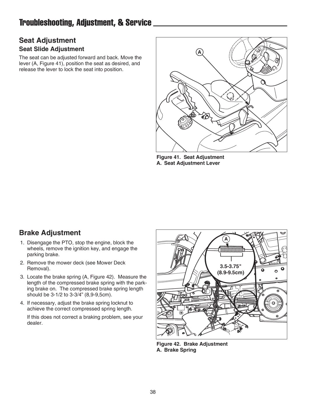 Snapper GT 600 Series Troubleshooting, Adjustment, & Service, Seat Adjustment, Brake Adjustment, Seat Slide Adjustment 