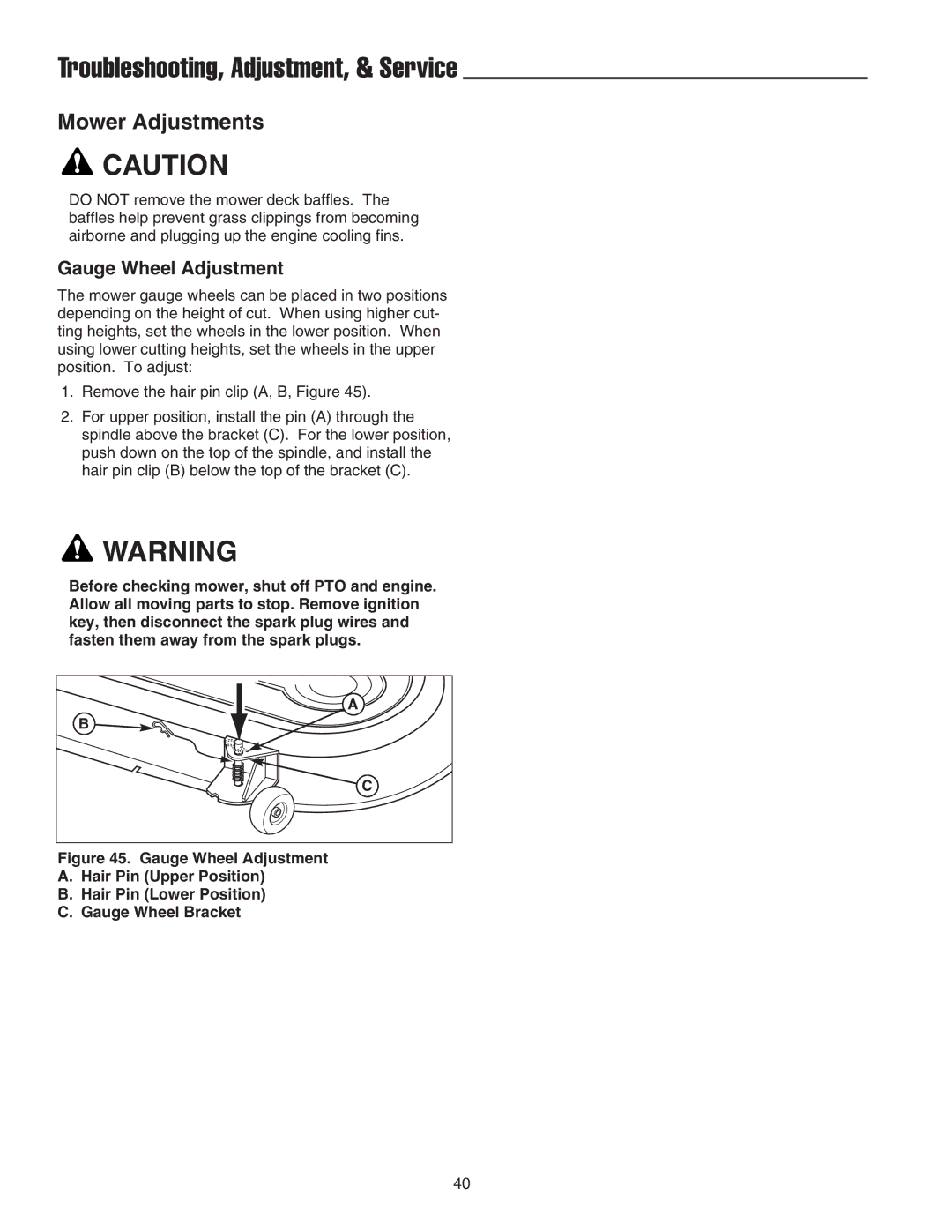 Snapper 2690627, GT 600 Series, STGT2754D manual Mower Adjustments, Gauge Wheel Adjustment 