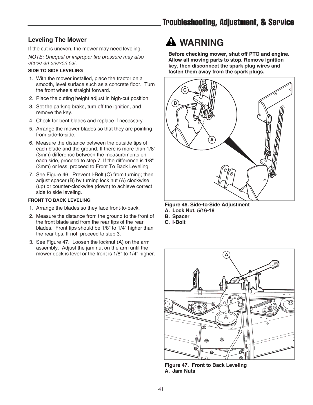 Snapper GT 600 Series, 2690627, STGT2754D manual Leveling The Mower, Side-to-Side Adjustment Lock Nut, 5/16-18 Spacer Bolt 