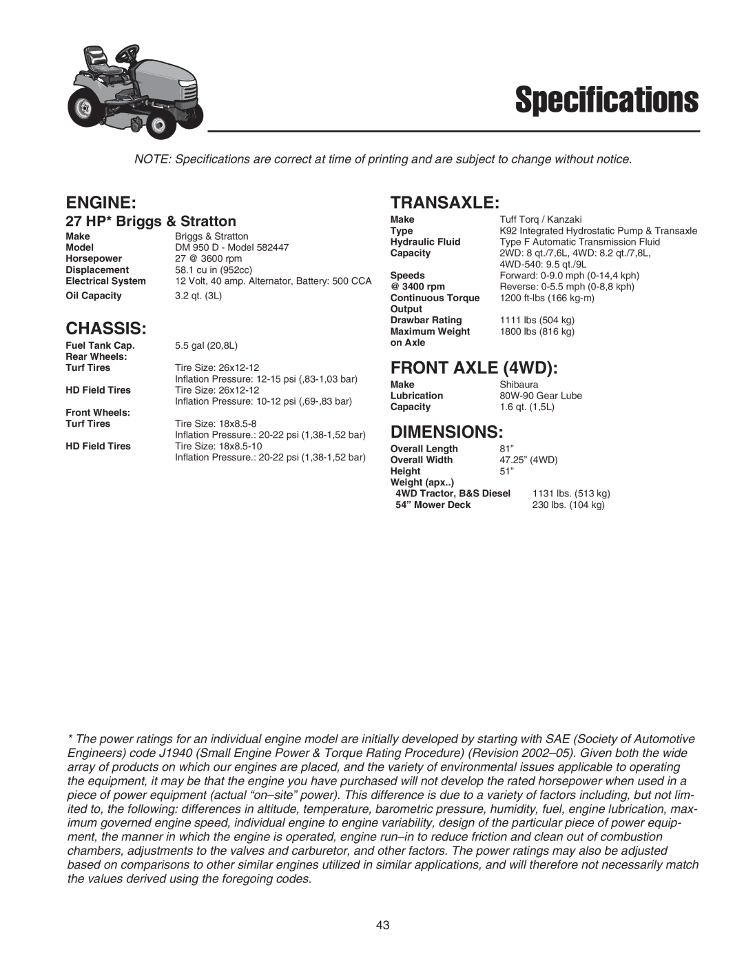 Snapper 2690627, GT 600 Series, STGT2754D manual Specifications, 27 HP* Briggs & Stratton 