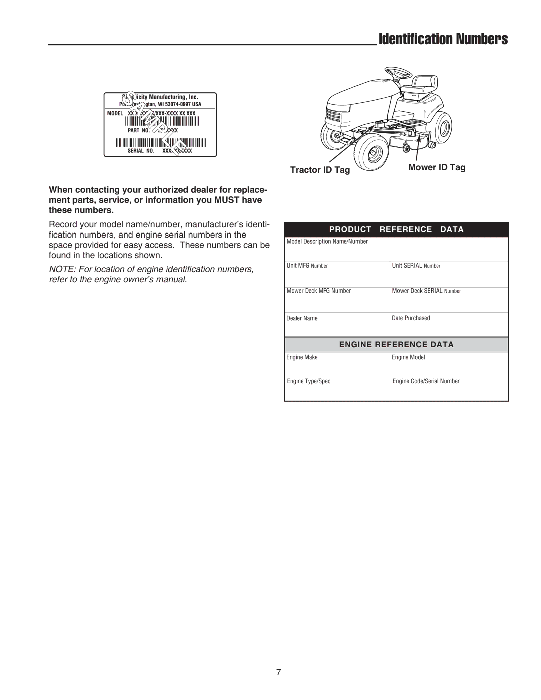 Snapper 2690627, GT 600 Series, STGT2754D manual Identification Numbers, Tractor ID Tag 