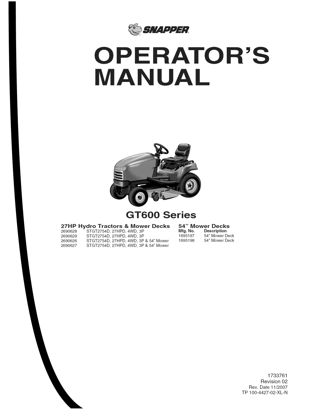 Snapper 2690628, 2690629 manual GT600 Series, 27HP Hydro Tractors & Mower Decks 54 Mower Decks 