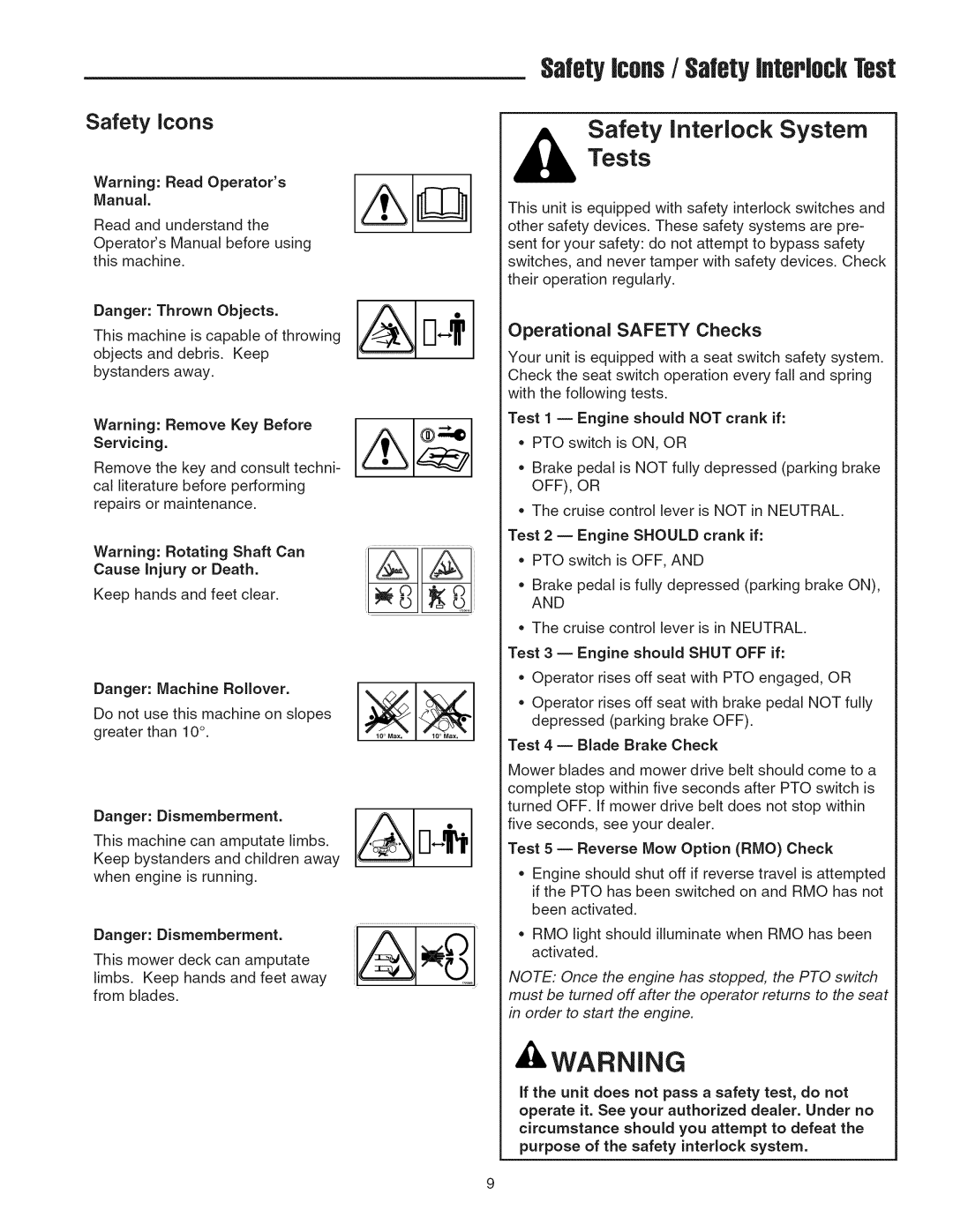 Snapper 2690629, 2690628 manual Safetylcofls/ SafetyinteplockTest, Safety icons, Operational Safety Checks 