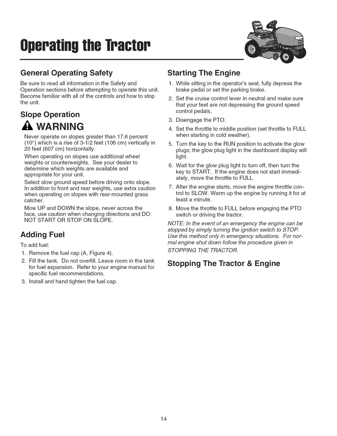 Snapper 2690628 General Operating Safety, Slope Operation, Adding Fuel, Starting The Engine, Stopping The Tractor & Engine 