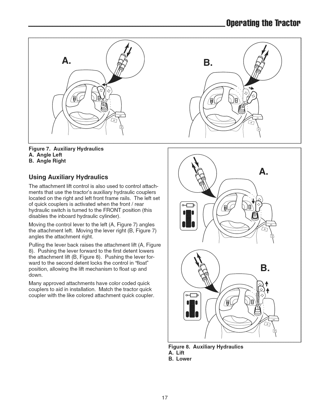 Snapper 2690629, 2690628 manual Using Auxiliary Hydraulics, Auxiliary Hydraulics Angle Left Angle Right 