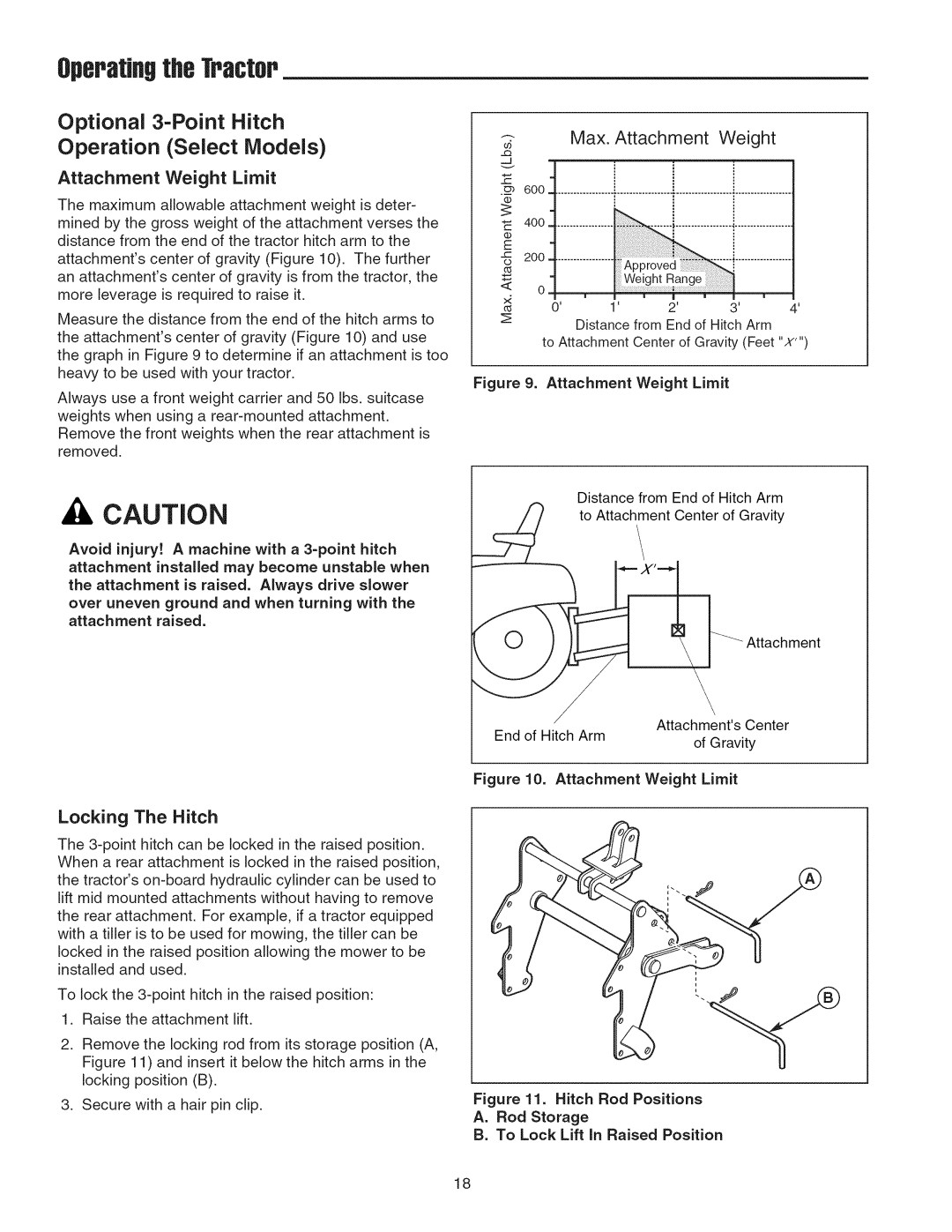 Snapper 2690628, 2690629 manual OperatJflgtheTractor, Max. Attachment Weight, Attachment Weight Limit, Locking The Hitch 