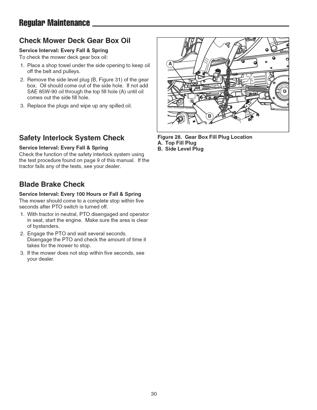 Snapper 2690628, 2690629 manual Check Mower Deck Gear Box Oil, Safety Interlock System Check, Blade Brake Check 