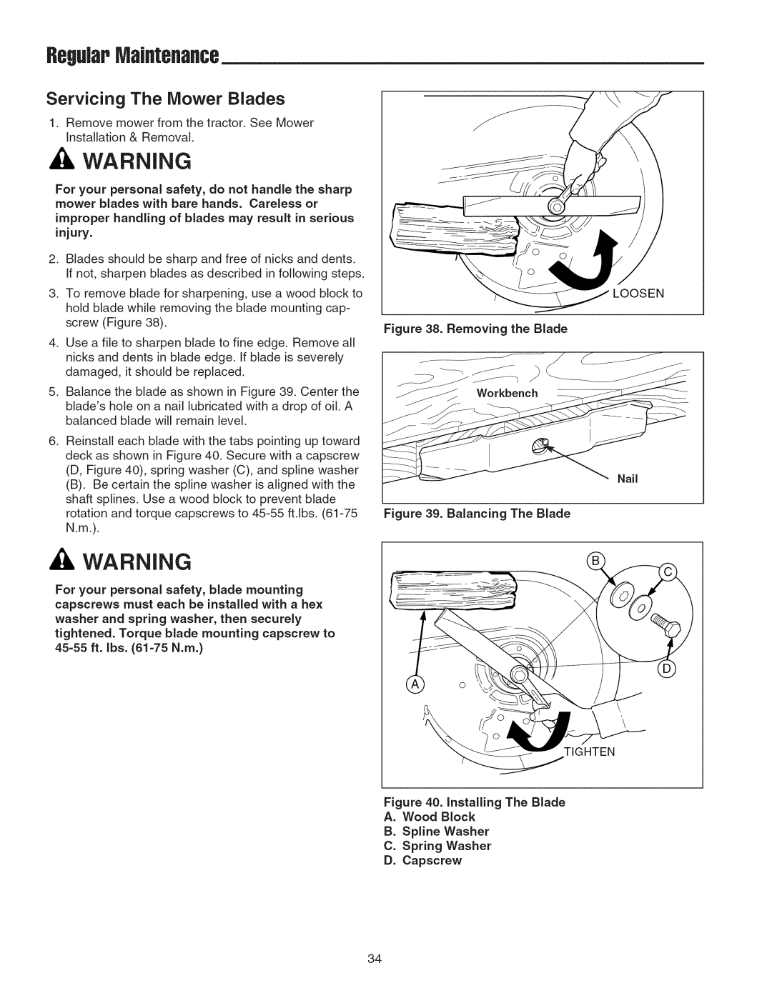 Snapper 2690628, 2690629 manual Servicing The Mower Blades, Injury, Spring Washer Capscrew 