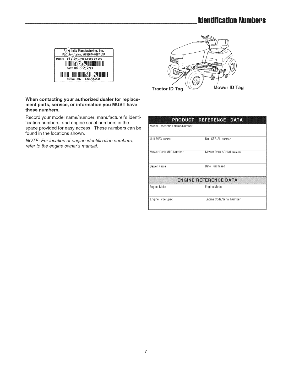 Snapper 2690629, 2690628 manual JdefltificatioflNumbers, Tracto Mower ID Tag 