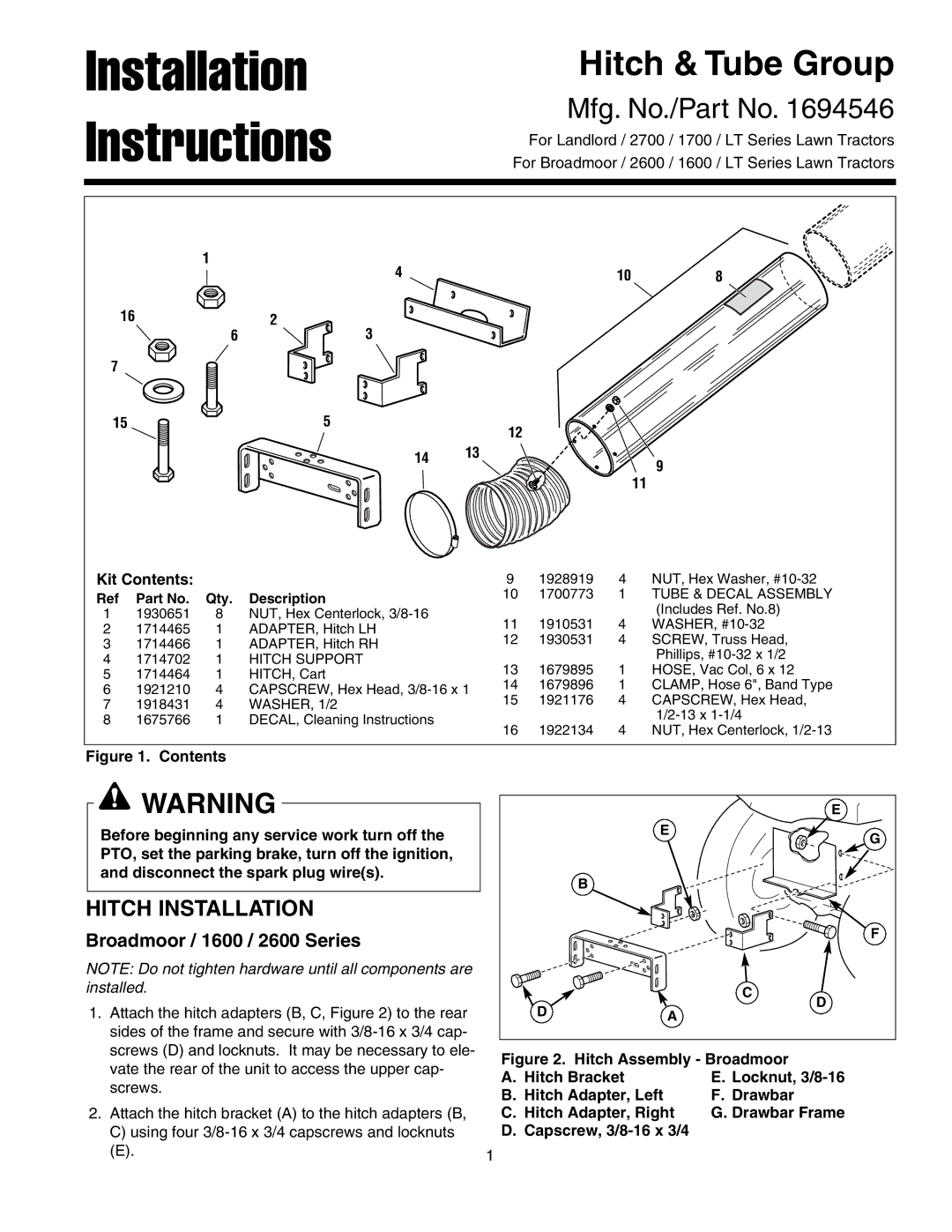 Snapper 2700 LT, 1700 / LT, 2600 LT, 1600 LT installation instructions Hitch Installation, Broadmoor / 1600 / 2600 Series 