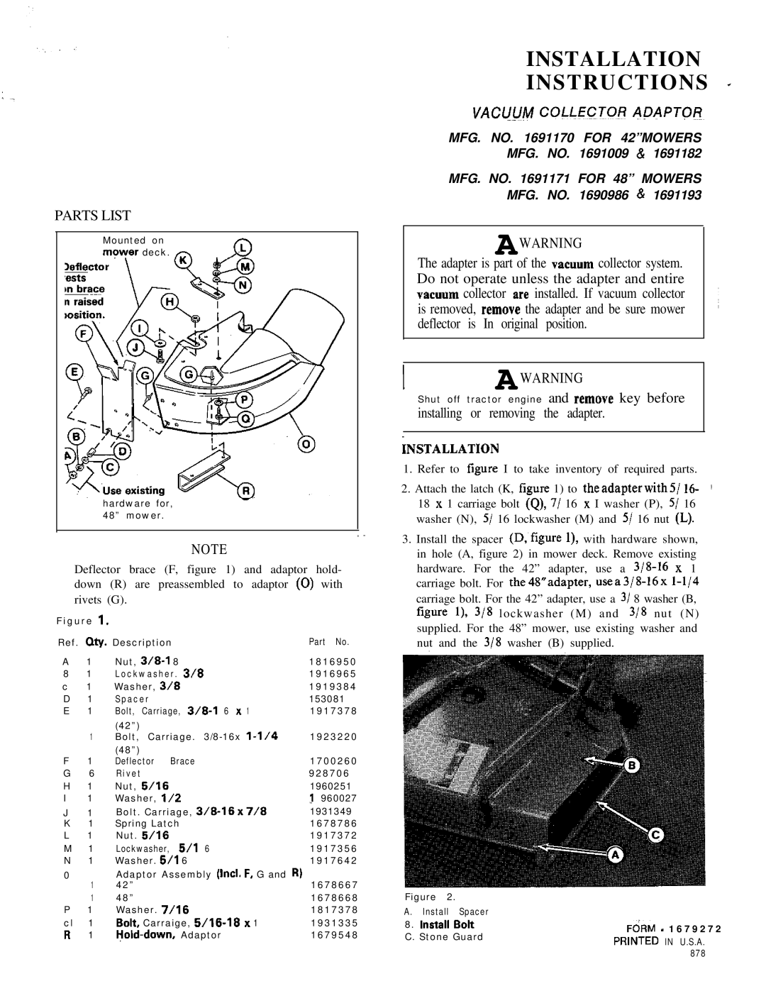 Snapper 2730 installation instructions Installation Instructions, Parts List, Awarning 