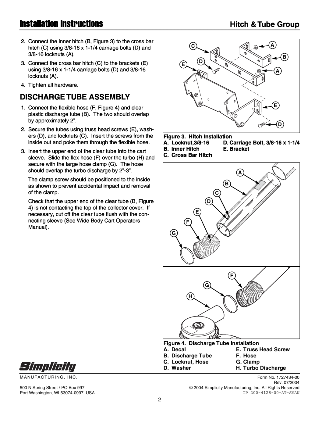 Snapper 2700, 1700 installation instructions Discharge Tube Assembly, Installation Instructions, Hitch & Tube Group 