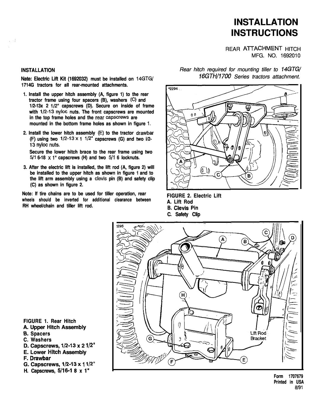 Snapper 2806 installation instructions Installation Instructions, Rear Hitch A. Upper Hitch Assembly, C as shown in figure 