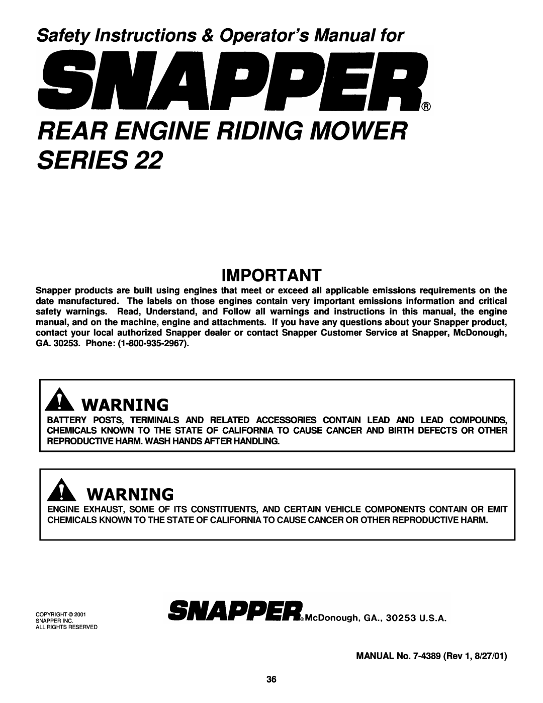 Snapper 281022BE, 280922B, 300922B, 301022BE, W280922B, W301022BE Rear Engine Riding Mower Series 