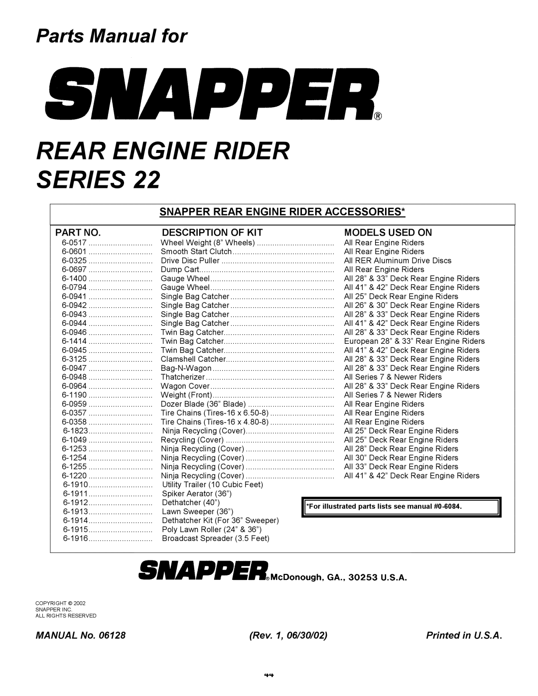 Snapper 300922B, 281022BE, W280922B, W301022BE manual Parts Manual for 