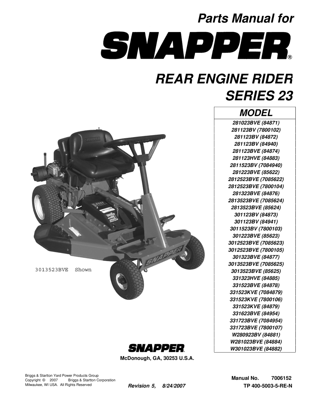 Snapper 281023BVE manual Rear Engine Rider Series 